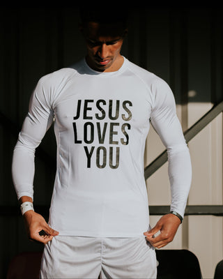 'Jesus Loves You' Long Sleeve Base Layer White/Black